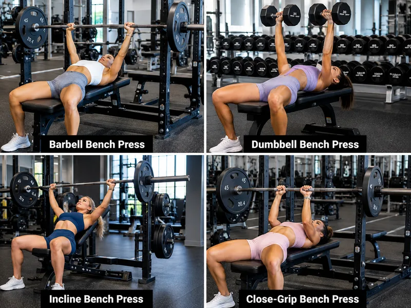 Barbell, dumbbell, incline và close-grip bench press là những biến thể phổ biến để điều chỉnh mục tiêu tập luyện.